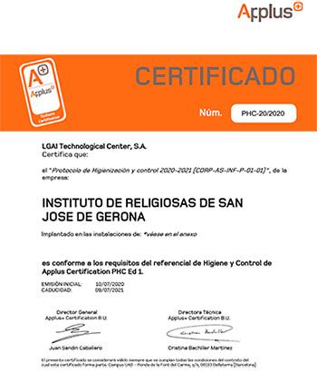  Certificat en el Protocol d'Higienització i Control de Applus+, concedit a l'Institut de Religioses de Sant Josep de Girona